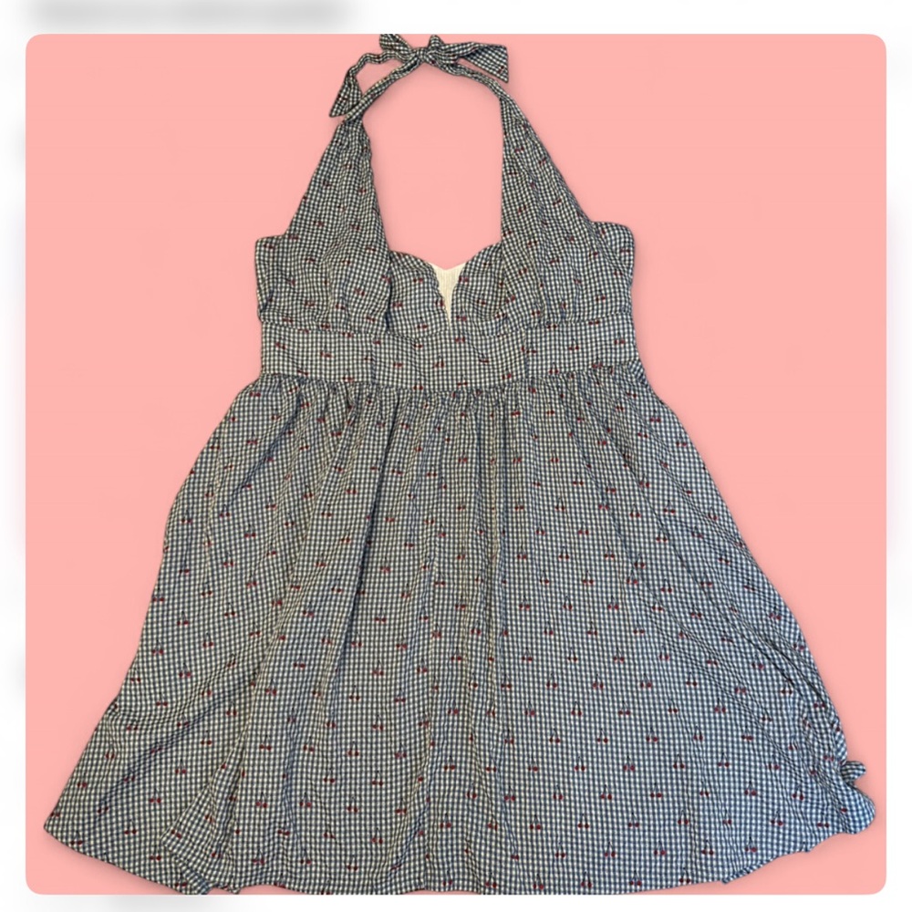 Unique Vintage Womens Sheila Gingham & Cherry Swing Dress 3X/20 Blue Retro Pinup